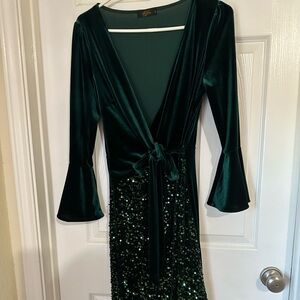 Green cocktail sequins velvet dress